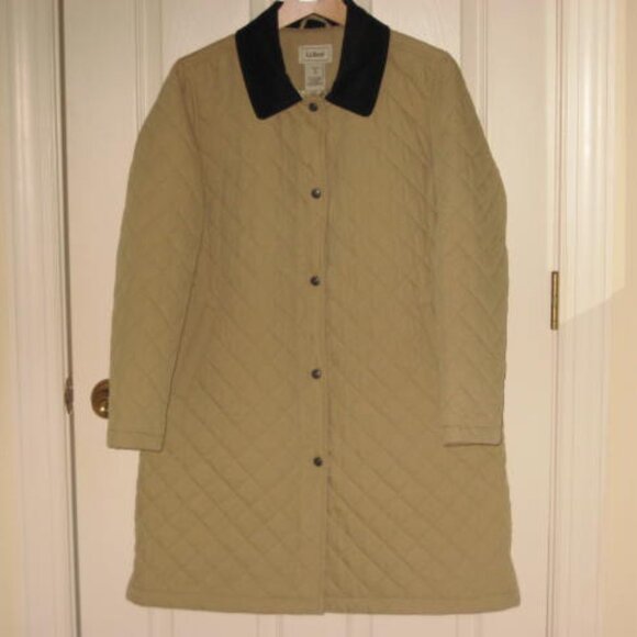 L.L. Bean Medium Petite Tan Quilted Snap Long Coat Thermore Chore Barn Excellent - Picture 8 of 16